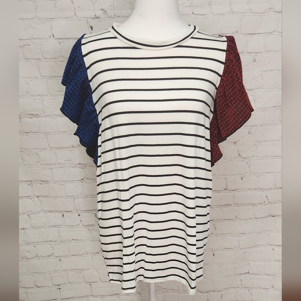 Boutique Size Large Striped Ruffle Sleeve Top - Black, White, Red, Blue